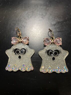 BETSEY JOHNSON Sparkling Silver Ghost Earrings with Pink Bow
